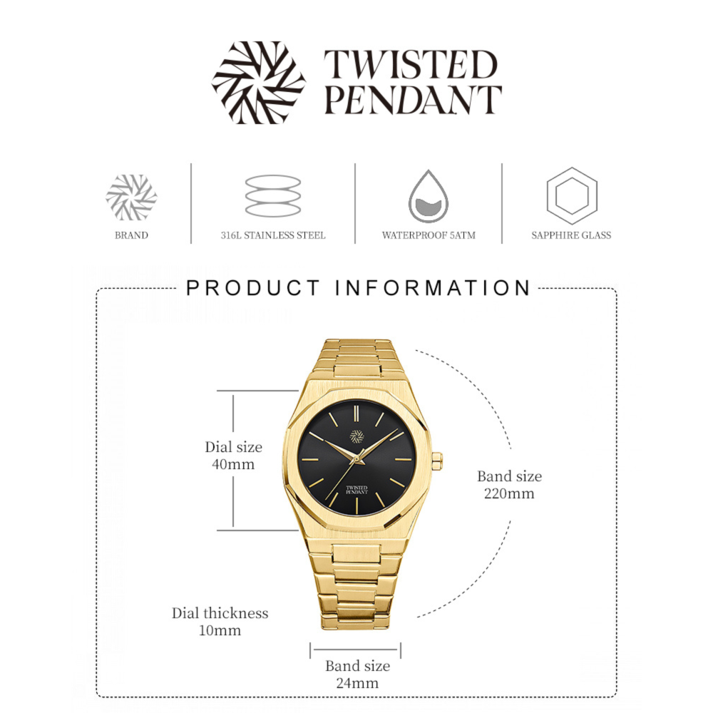 Gold- und Schwarzfarbene Edelstahl-Uhr 40mm