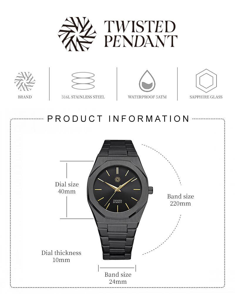 Schwarze Edelstahl Uhr 40 mm – Saphirglas