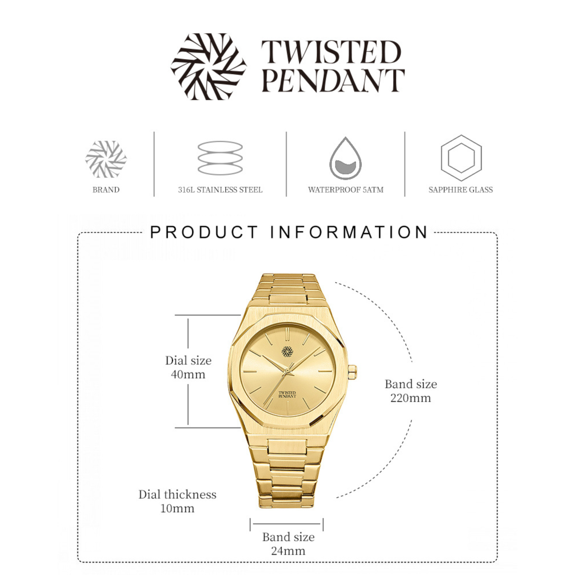 Goldene Edelstahl-Uhr · 40 mm